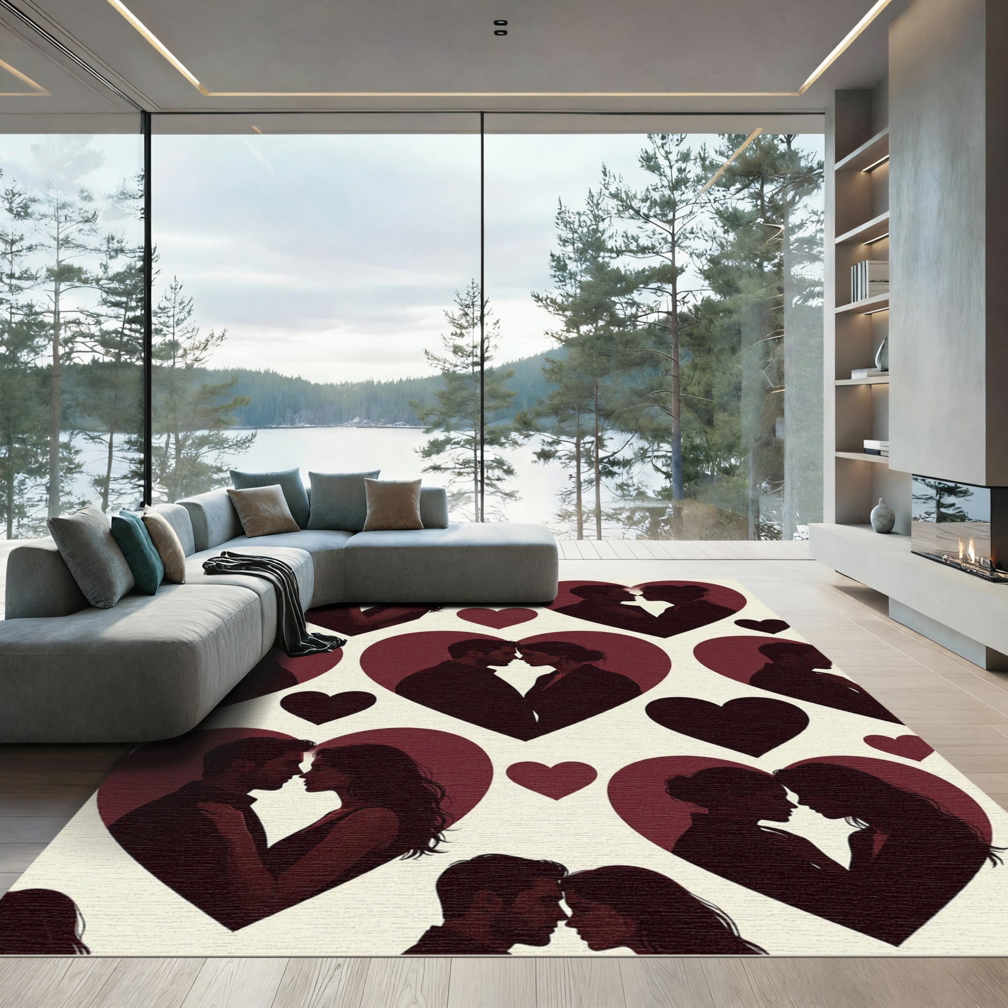 Romantic Silhouette Hearts Burgundy Cream Rug