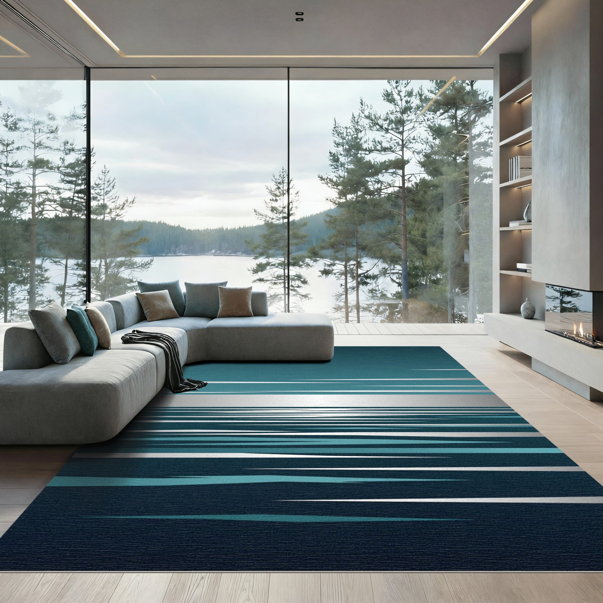 Minimalist Teal Silver Abstract Horizon Rug