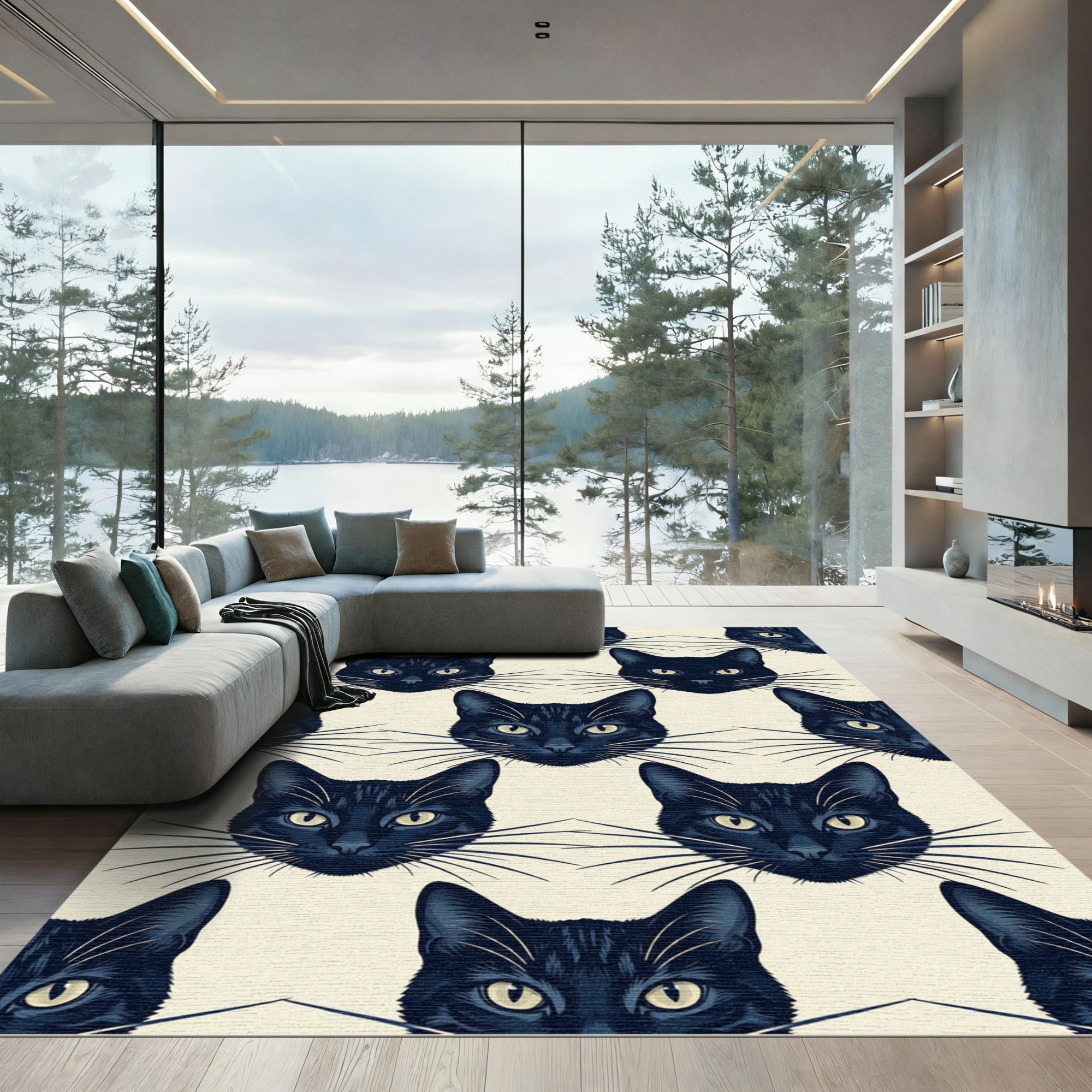 Eerie Black Cat Faces Neutral Illustration Rug