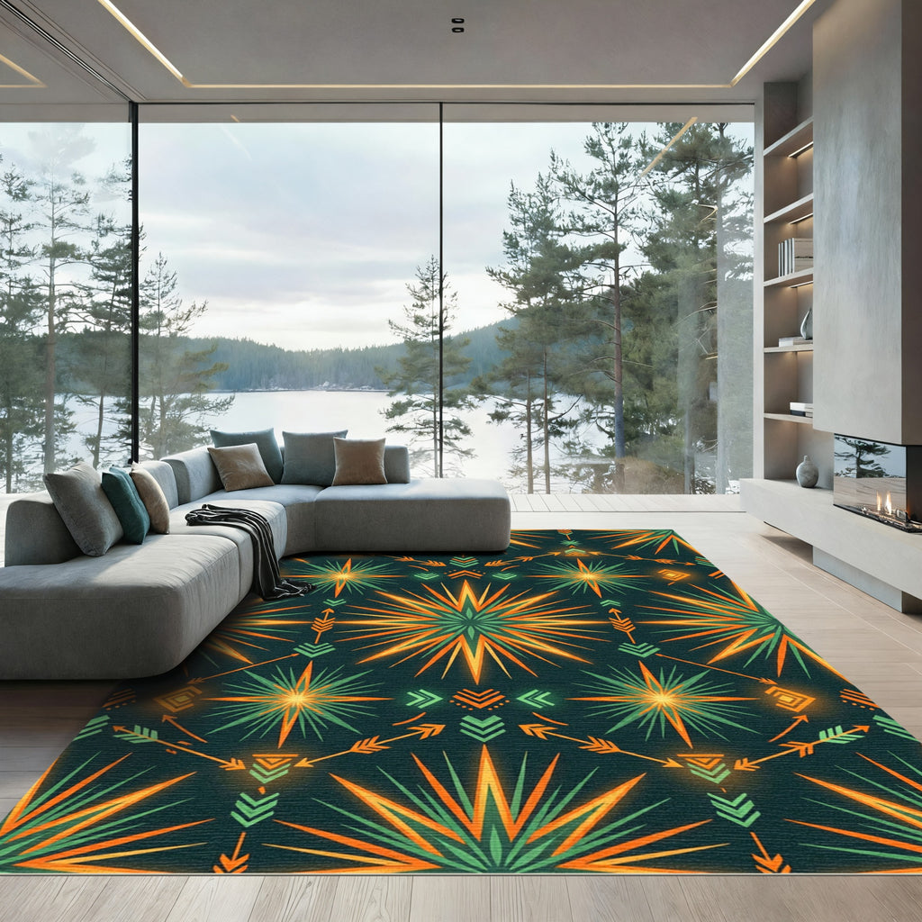 Radiant Gold and Emerald Geometric Sunburst Rug