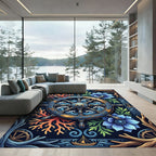 Nautical Ship Wheel Coral Blue Floral Rug