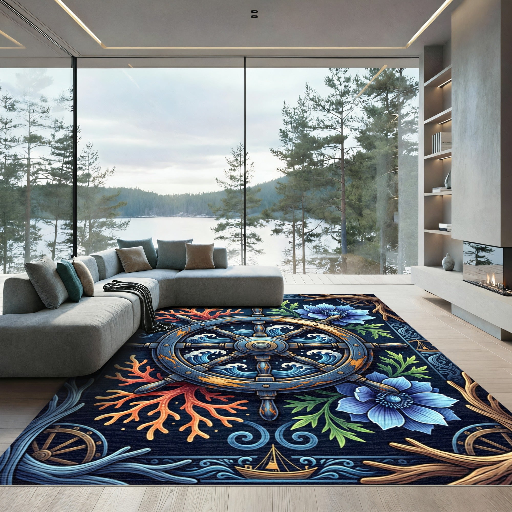 Nautical Ship Wheel Coral Blue Floral Rug