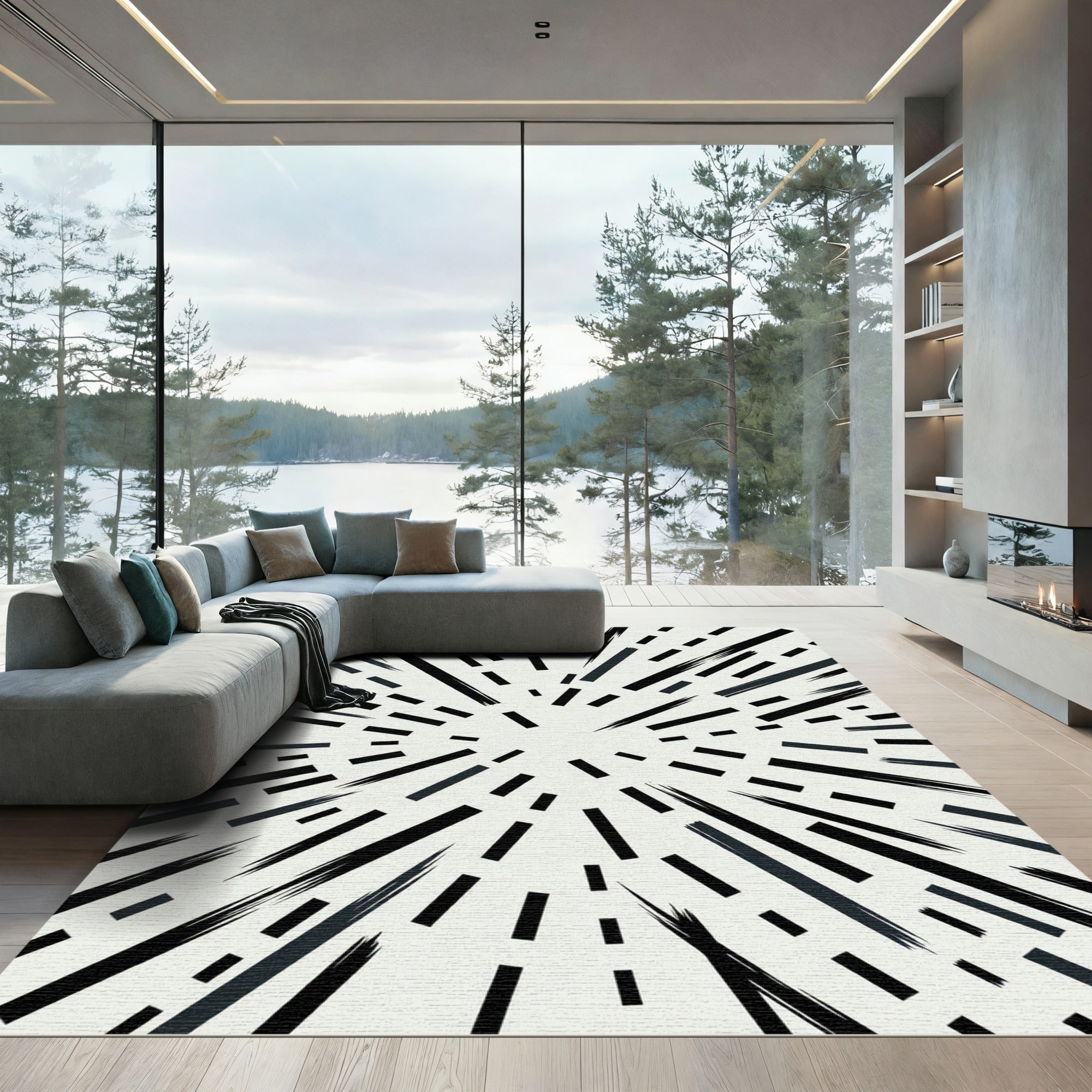 Modern Monochrome Radial Burst Rug