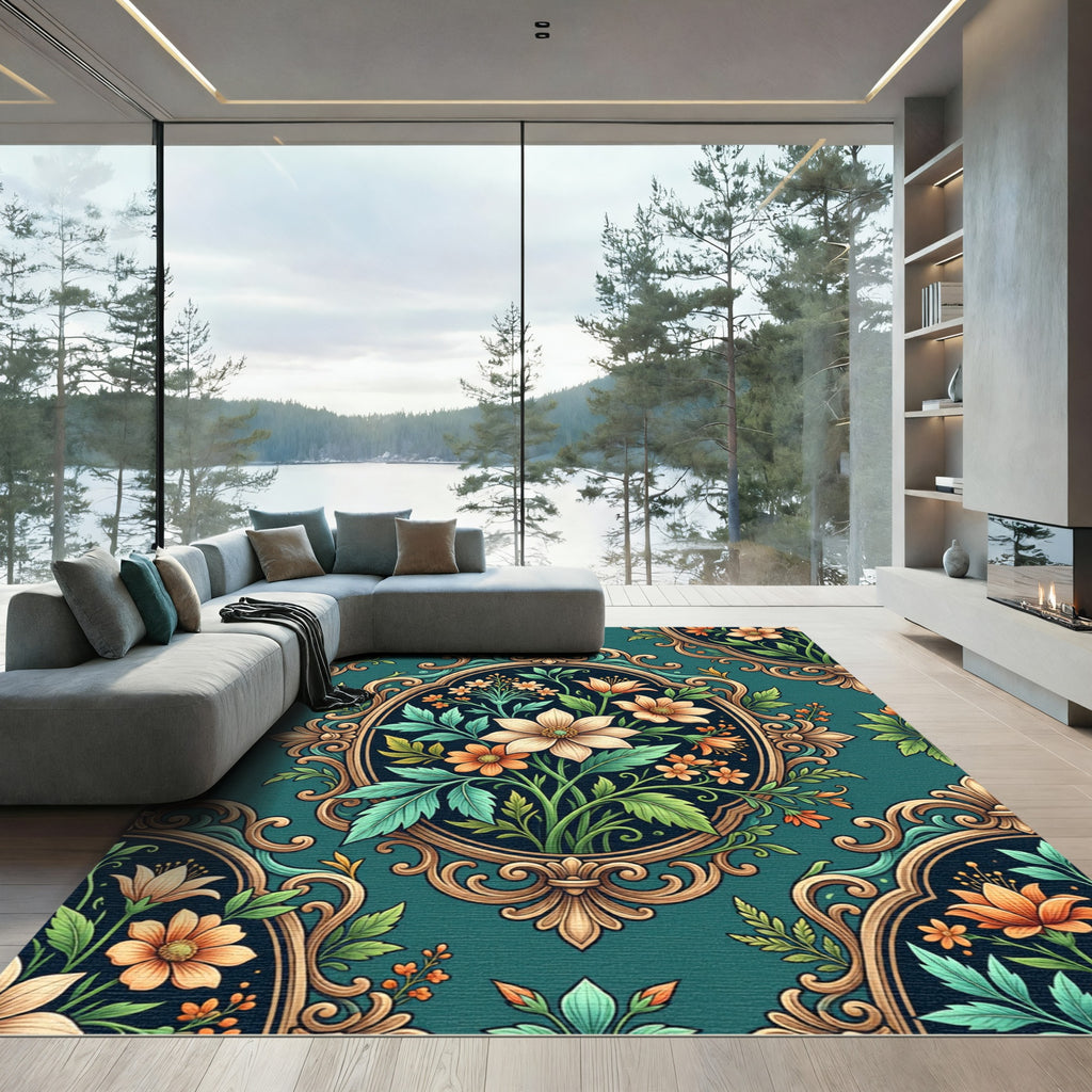 Vintage Teal Floral Ornate Frame Rug