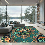 Vintage Teal Floral Ornate Frame Rug