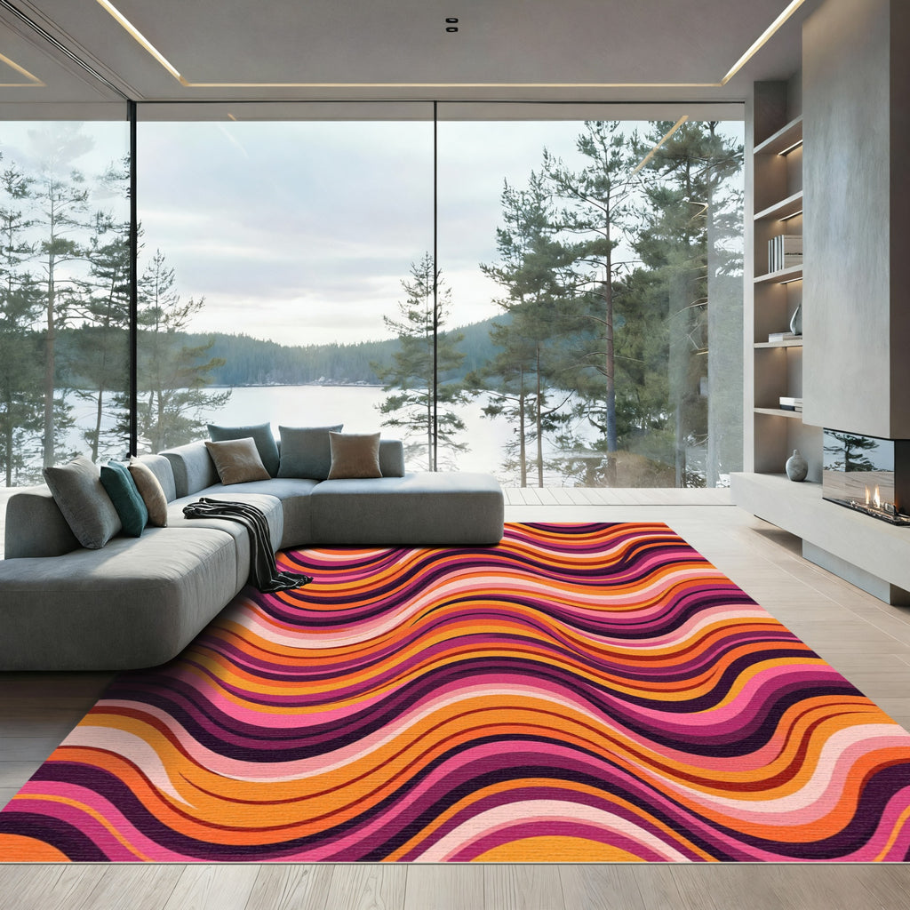 Retro Orange Pink Swirl Waves Rug