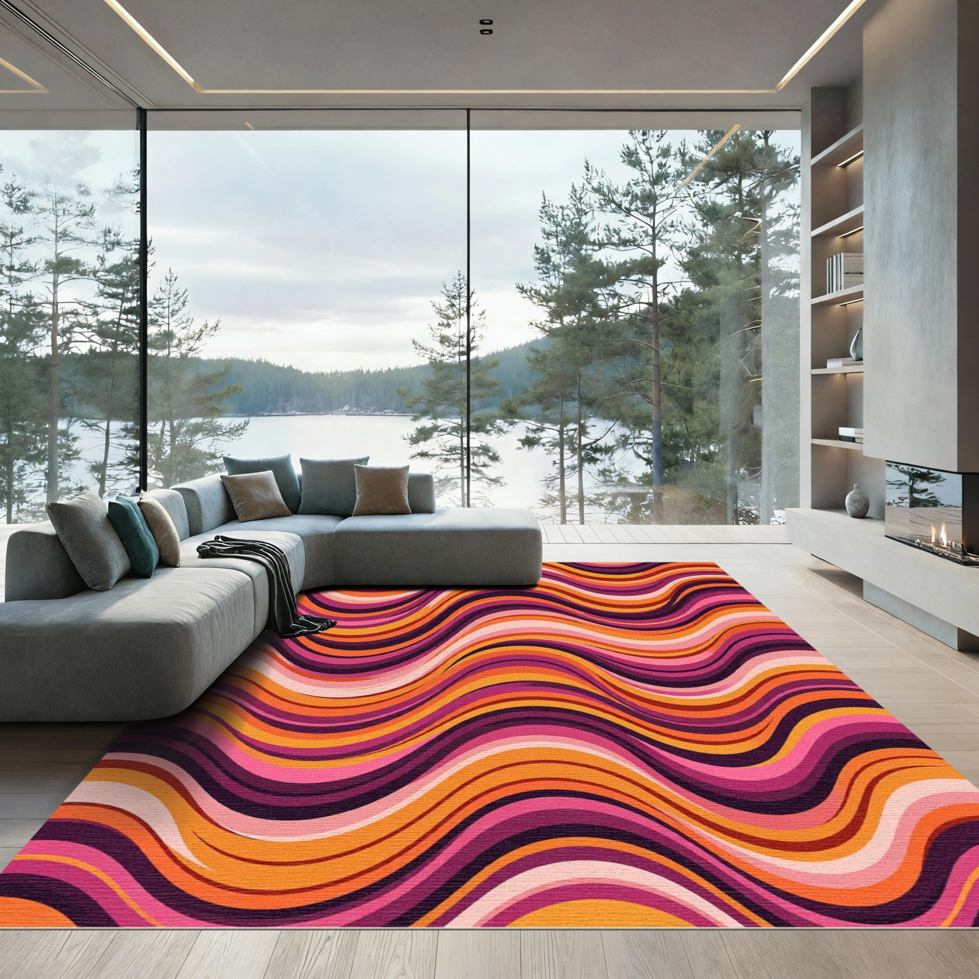 Retro Orange Pink Swirl Waves Rug