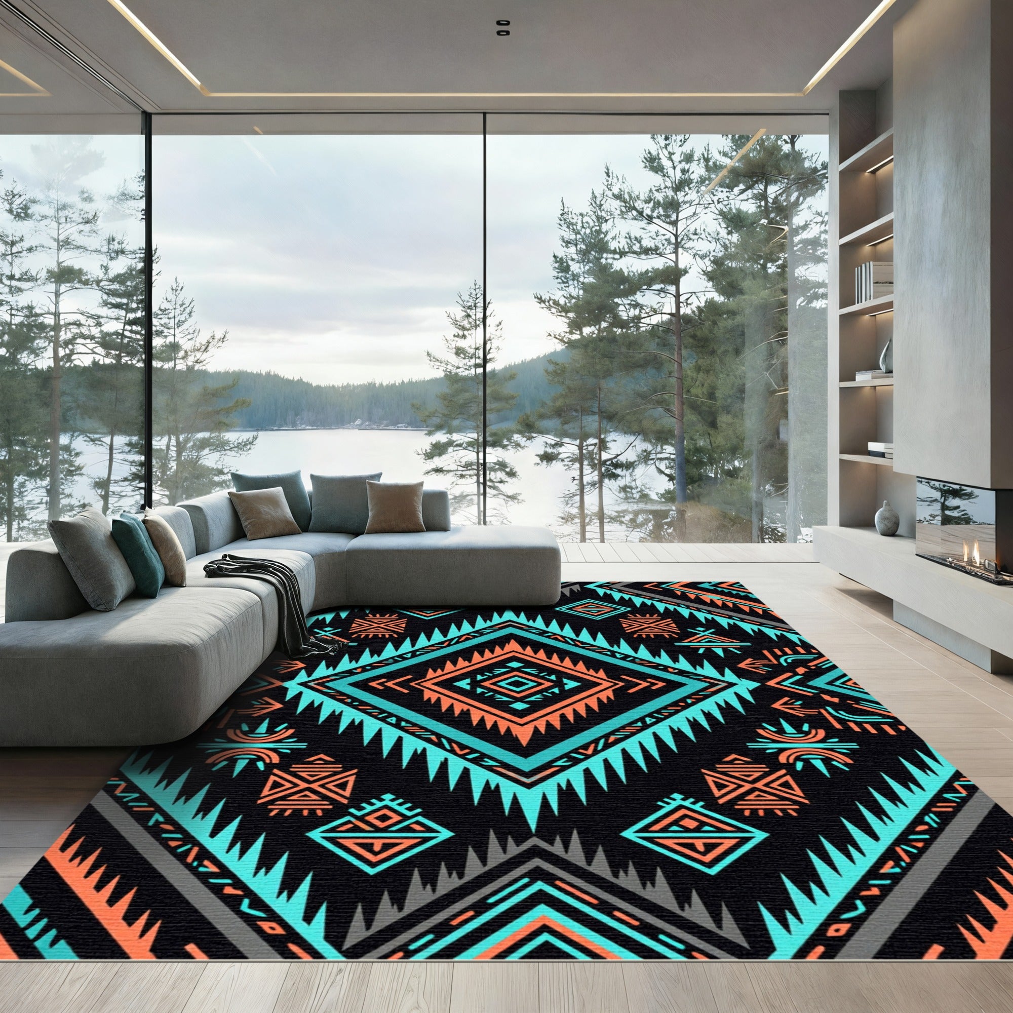 Bold Tribal Black Teal Coral Rug