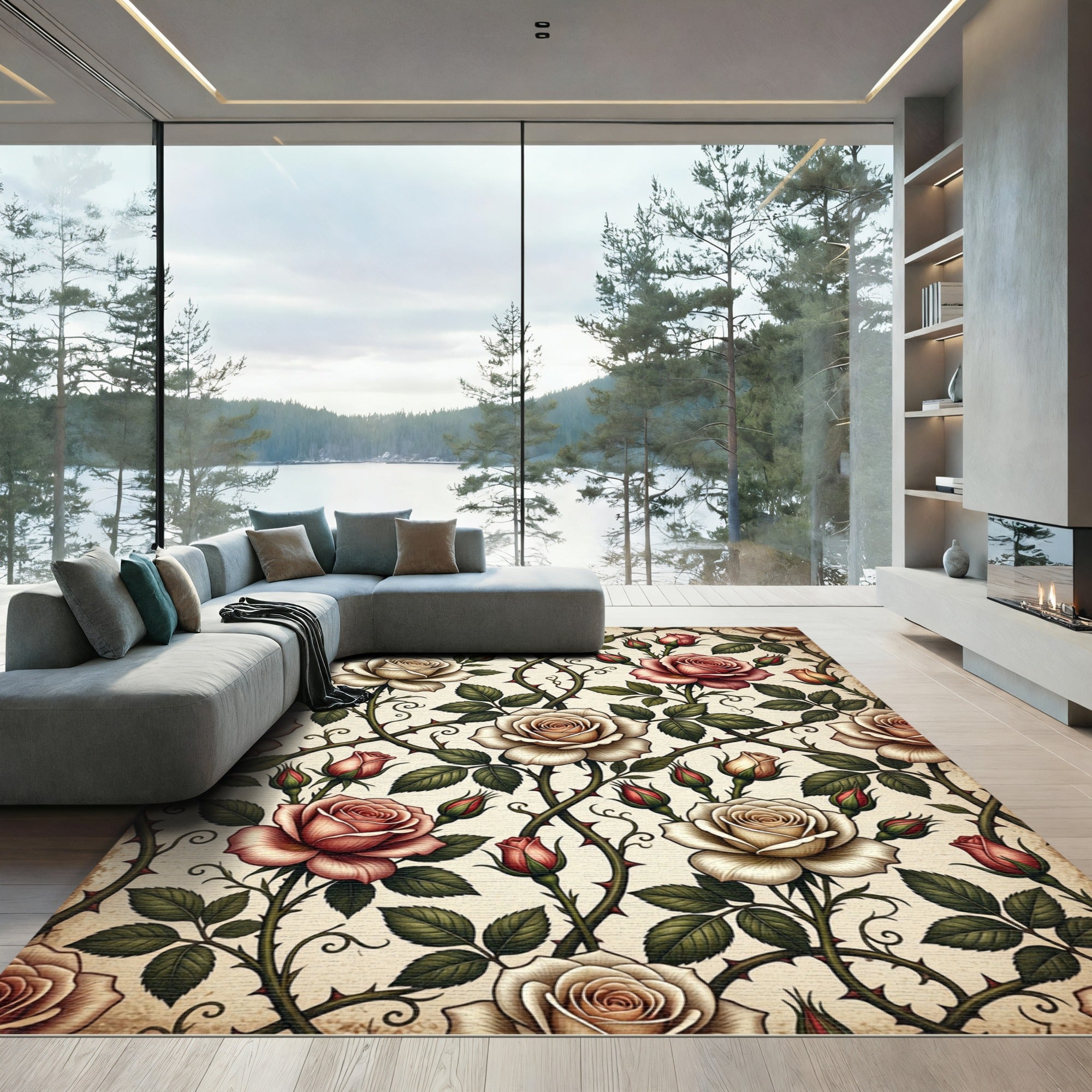Vintage Botanical Cream and Rose Vine Rug