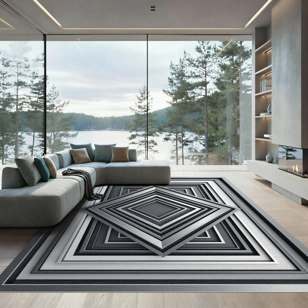 Modern Monochrome Geometric Stacked Diamonds Rug