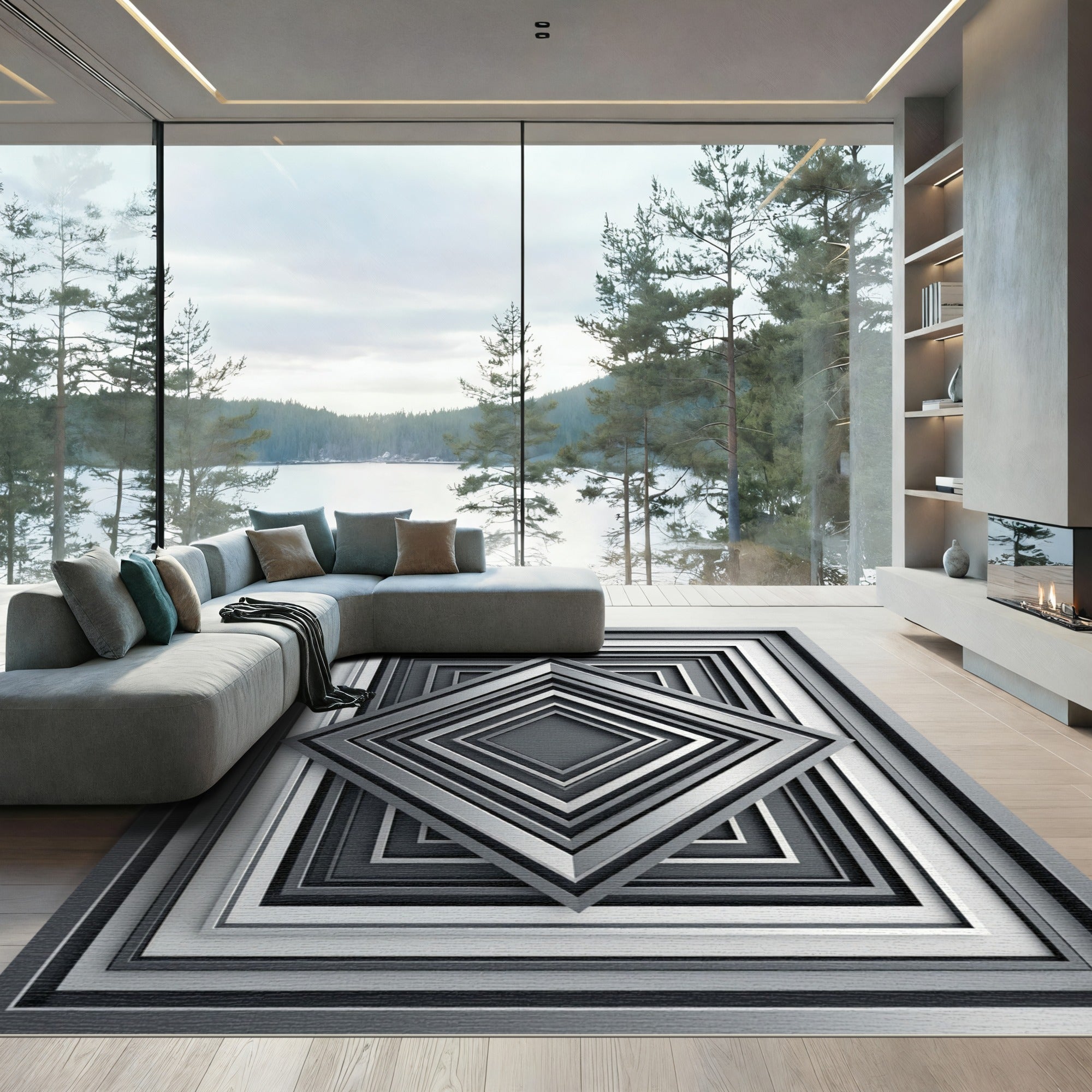 Modern Monochrome Geometric Stacked Diamonds Rug