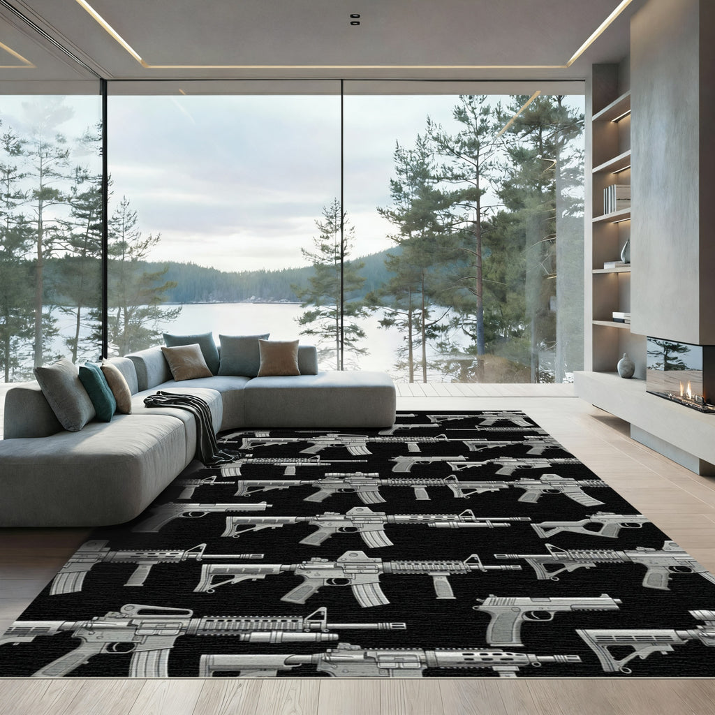 Tactical Monochrome Firearm Silhouette Wallpaper Rug