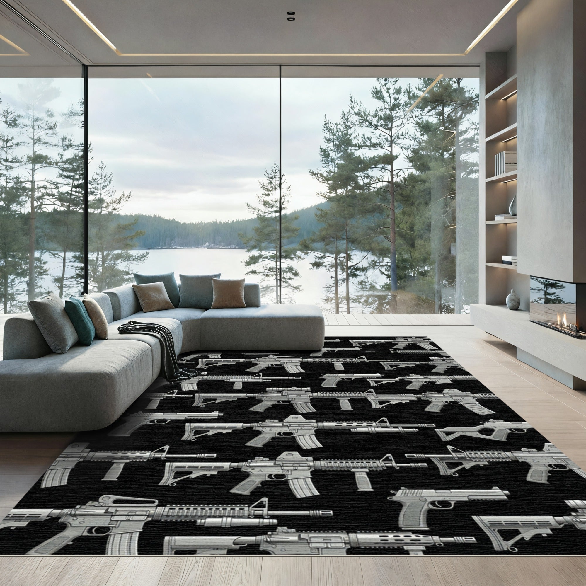 Tactical Monochrome Firearm Silhouette Wallpaper Rug