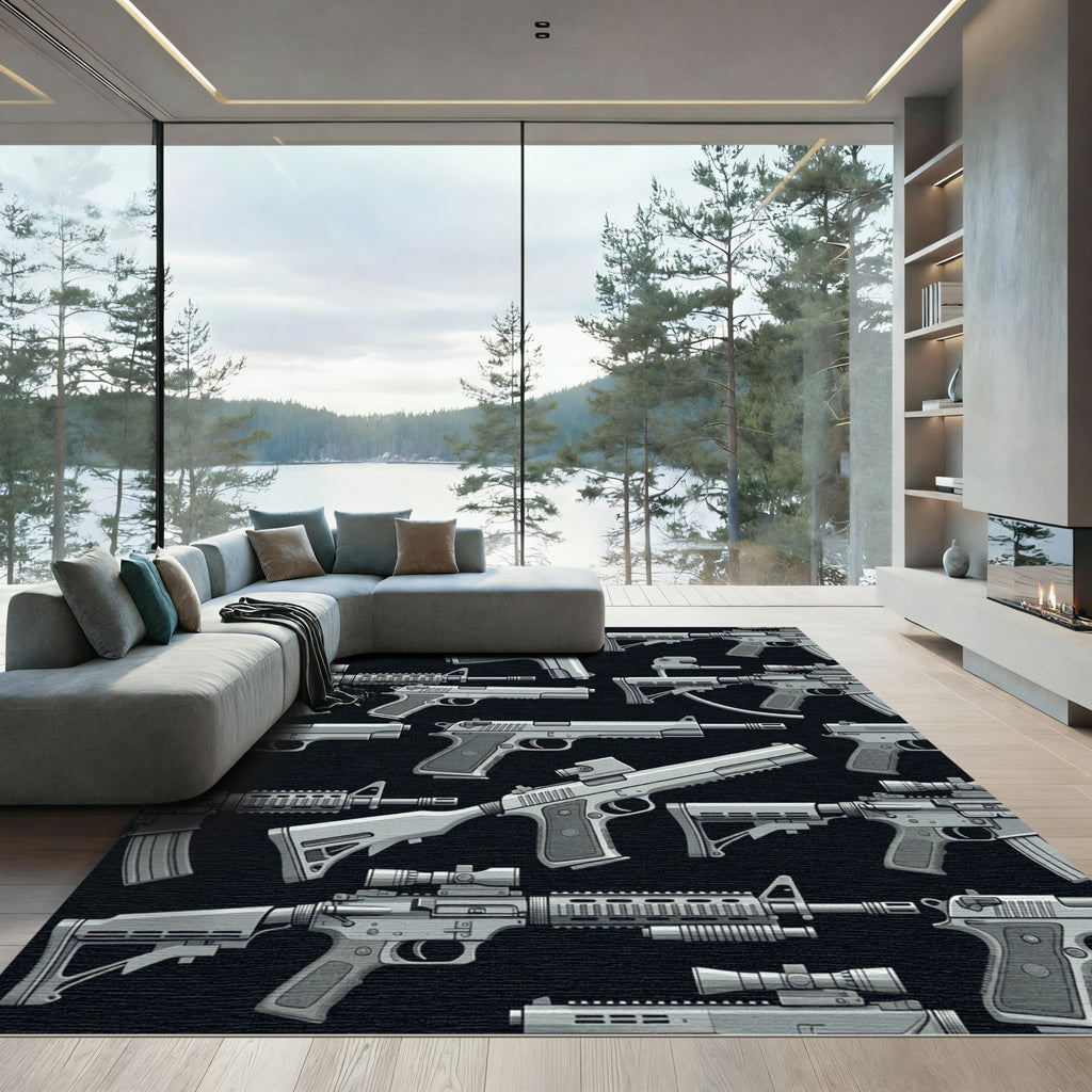 Graphic Monochrome Tactical Weaponry Grid Rug