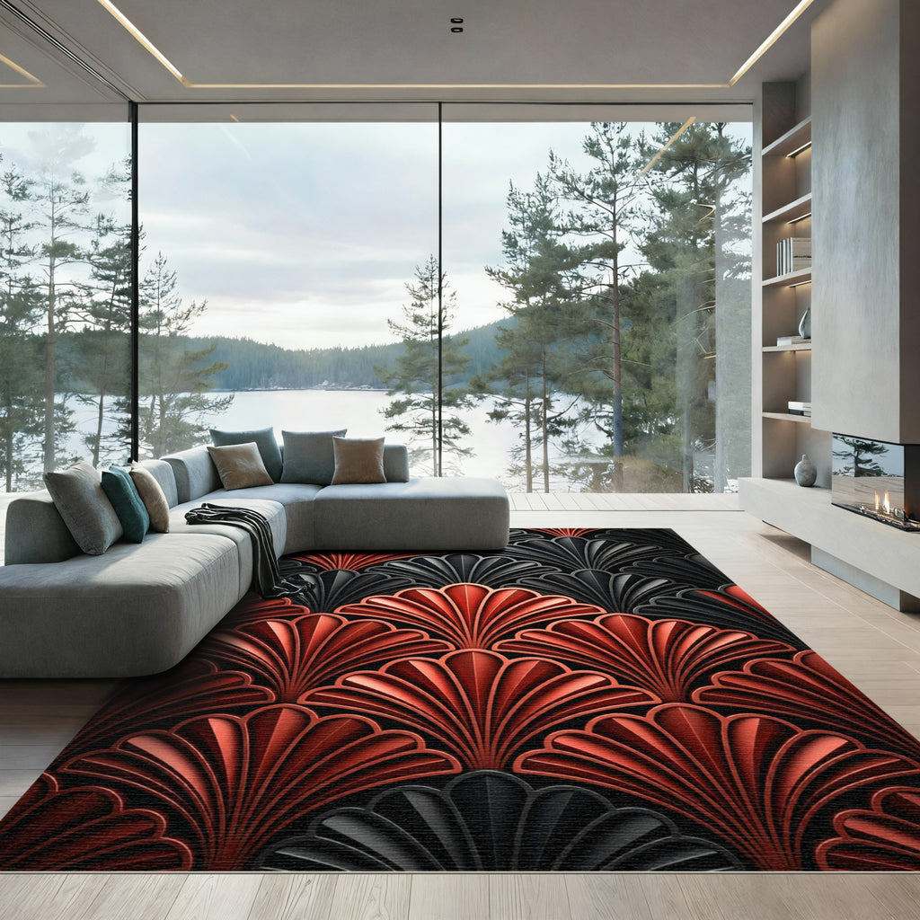Art Deco Coral Black Fan Rug