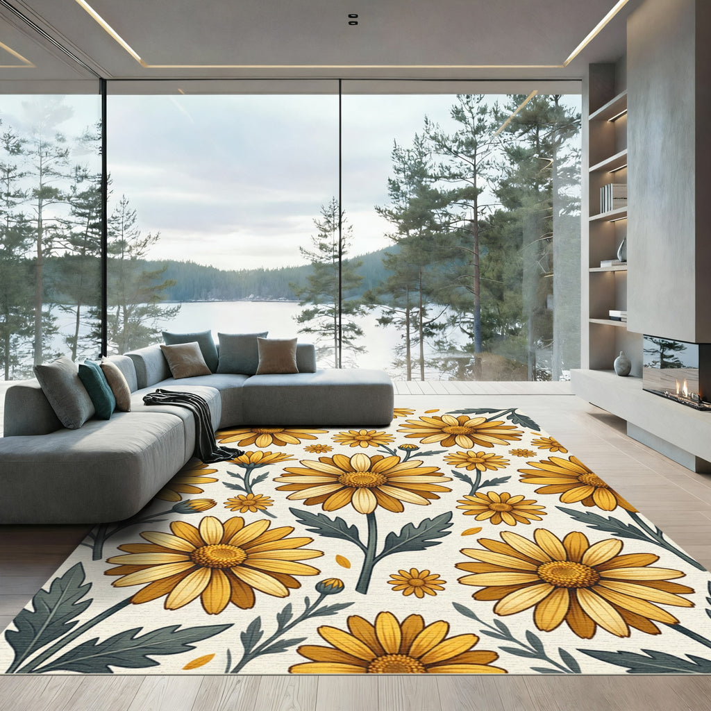 Sunny Yellow Daisy Botanical Illustration Rug