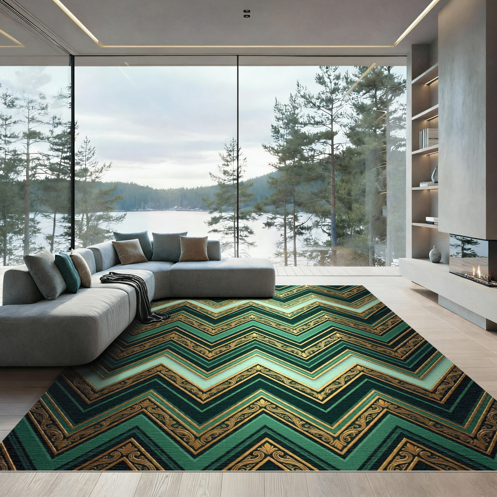 Emerald Teal Gold Chevron Accents Rug