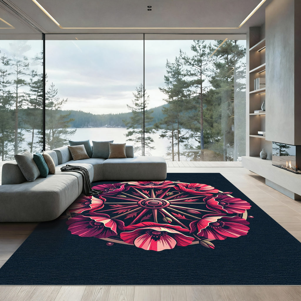 Crimson Poppy Floral Wheel Arrangement Rug