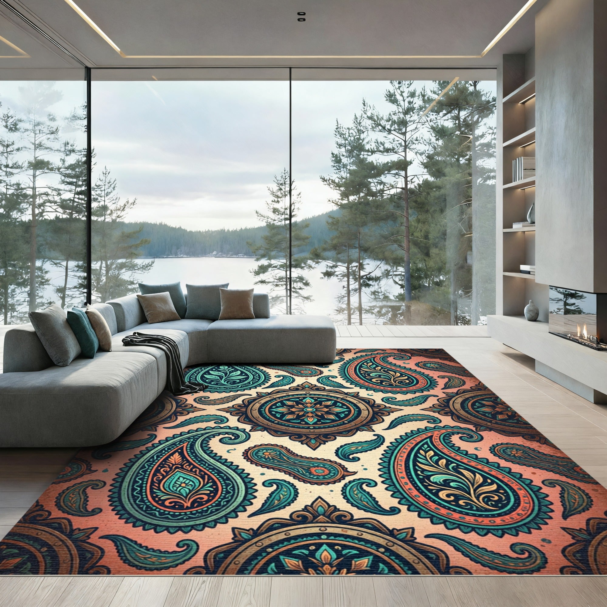 Teal Orange Paisley Medallion Rug
