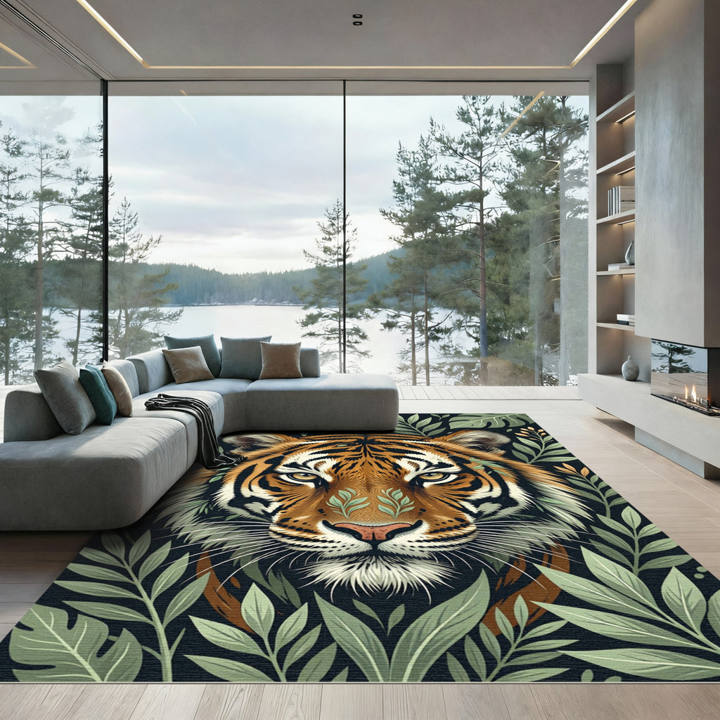 Fierce Tiger Orange Jungle Foliage Rug