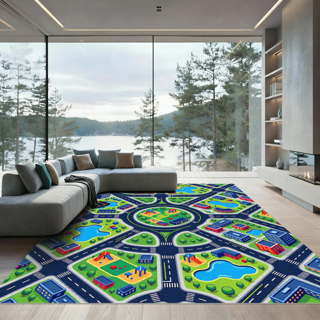 Vibrant Colorful City Layout Isometric Map Rug