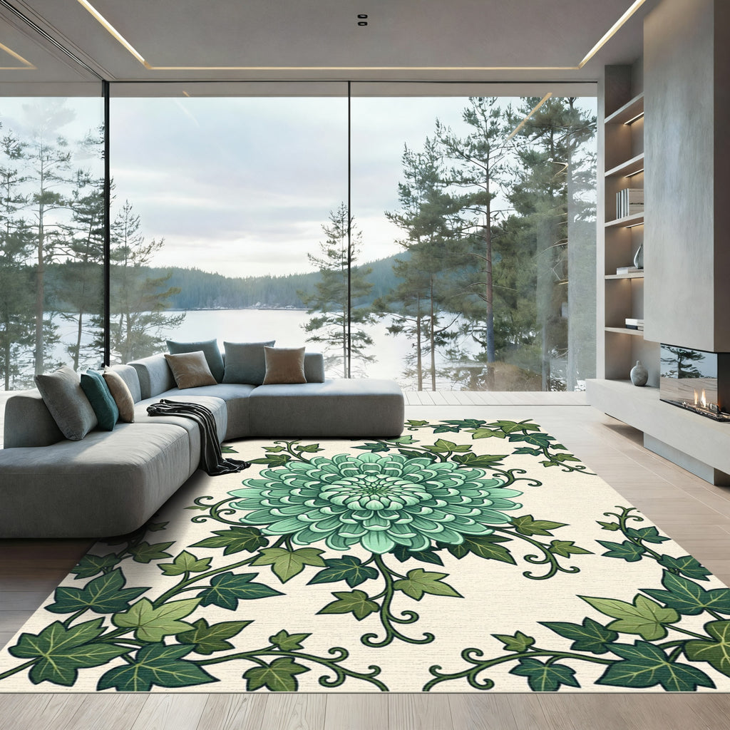 Sage Green Chrysanthemum Leaf Art Nouveau Rug