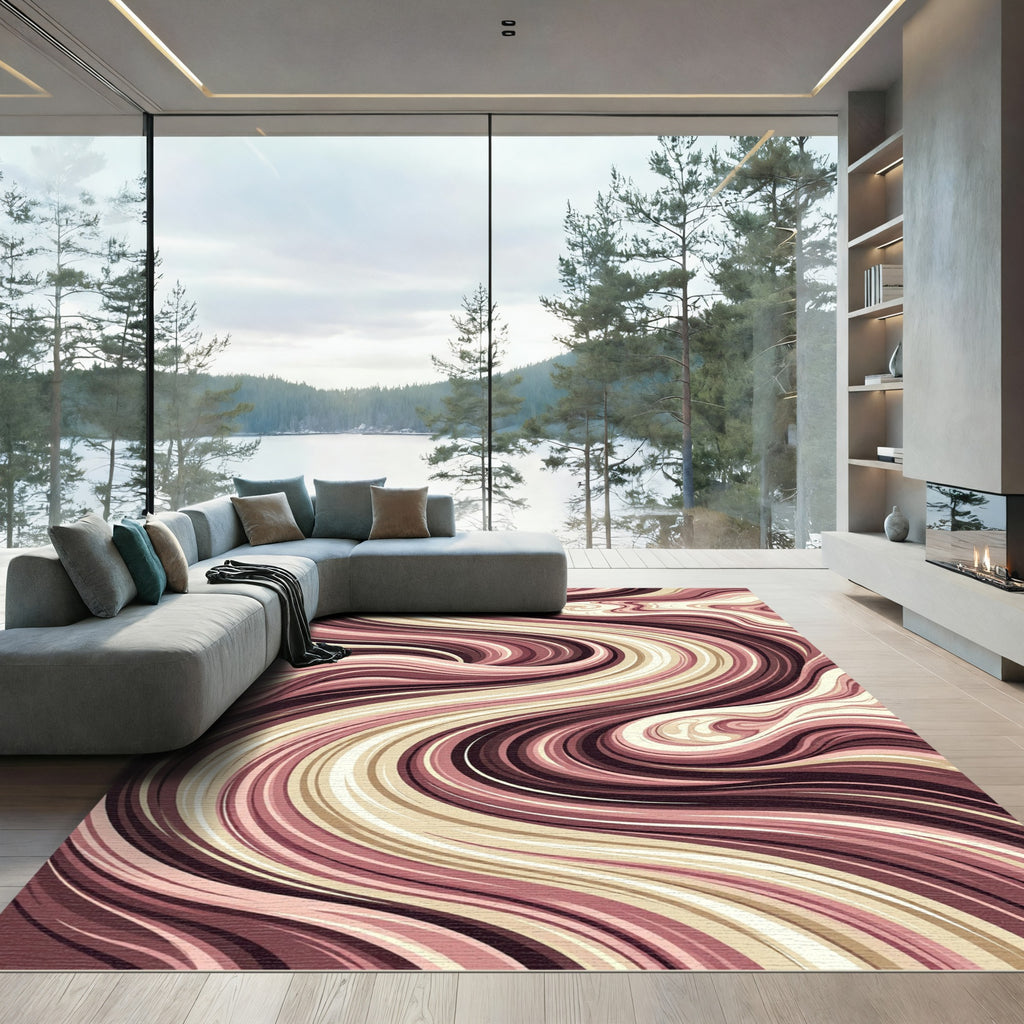 Earthy Abstract Cream and Burgundy Swirl Rug