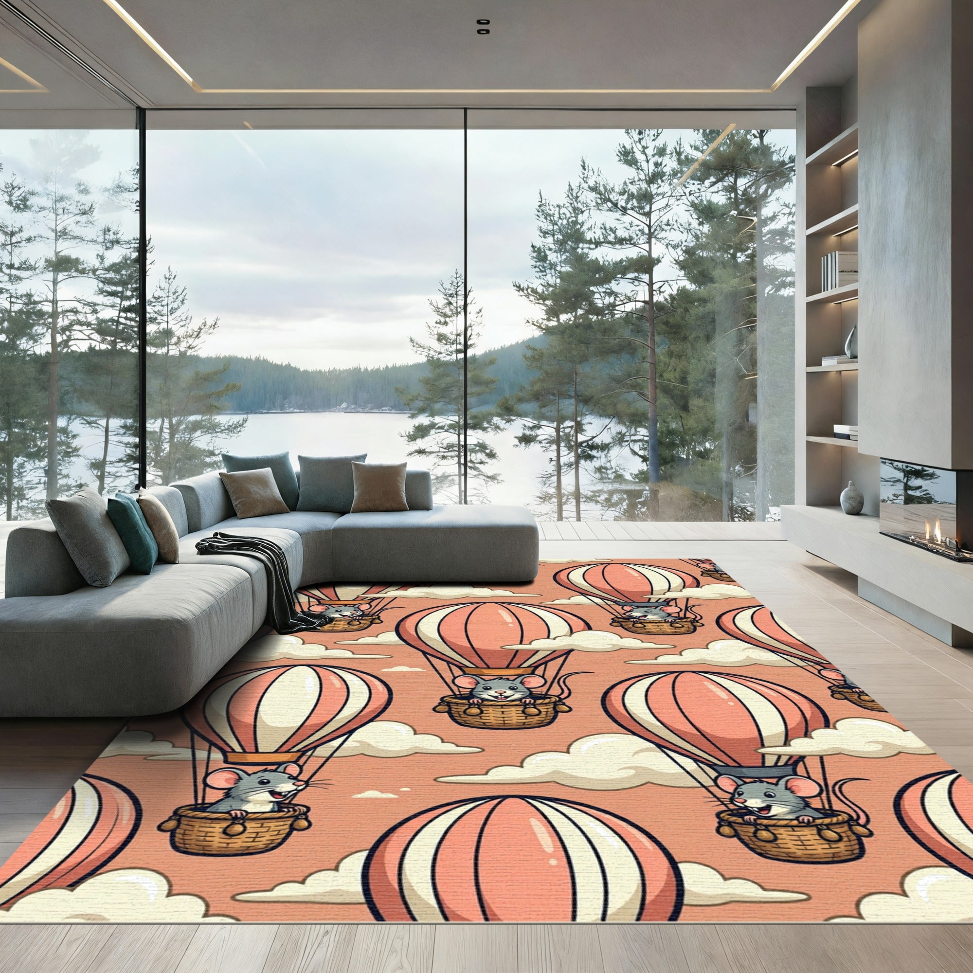 Whimsical Pink Balloon Mouse Clouds Illustration Rug