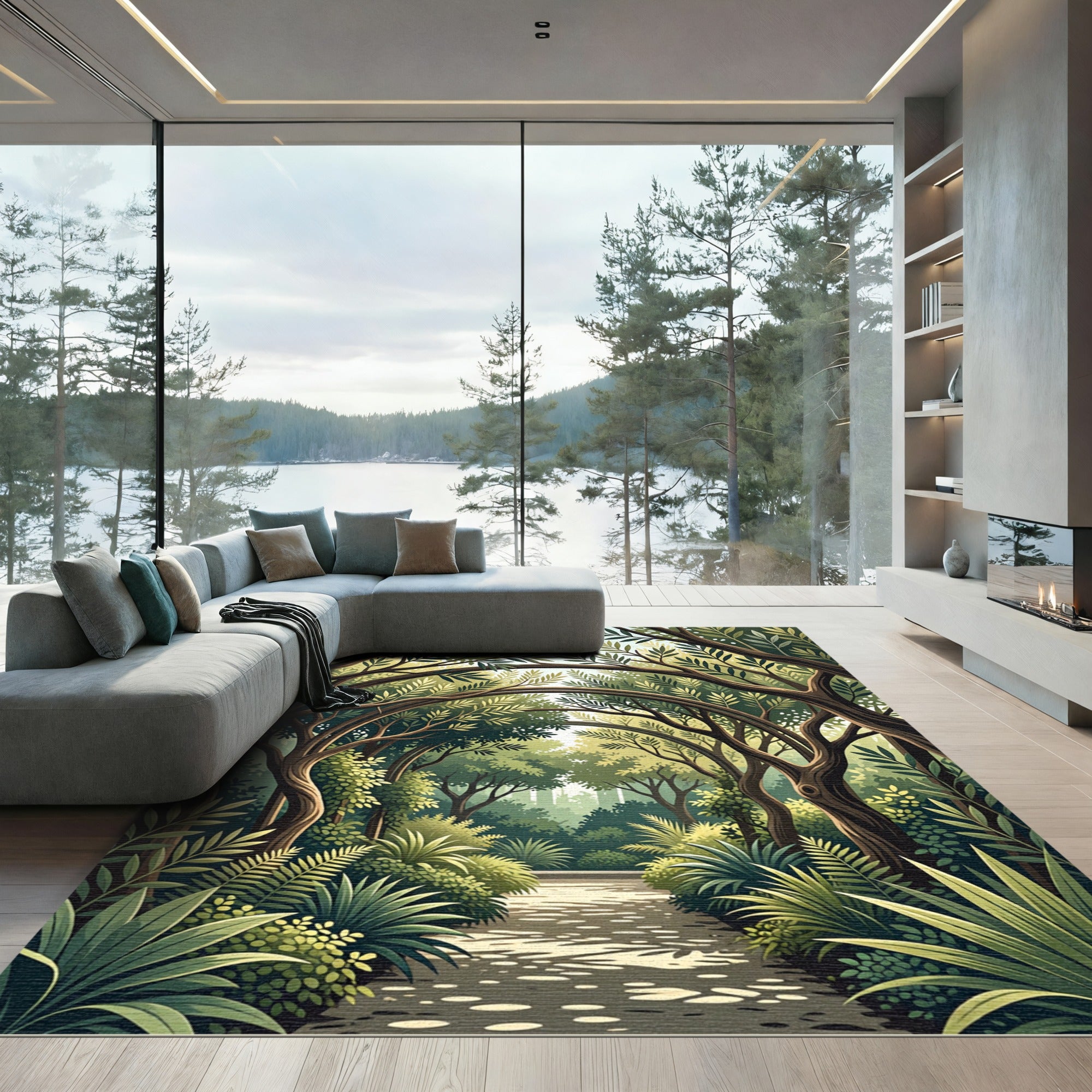 Lush Green Forest Canopy Path Rug