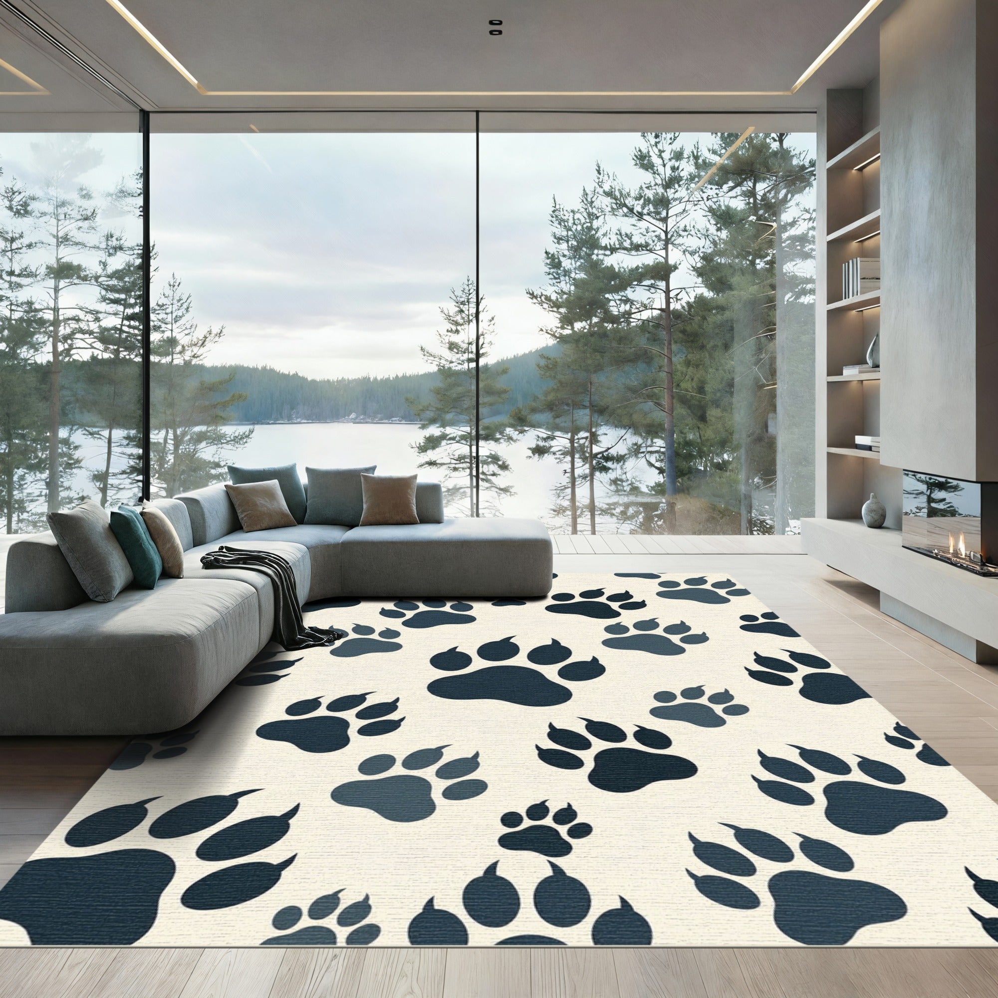 Midnight Charcoal Paw Print Animal Rug