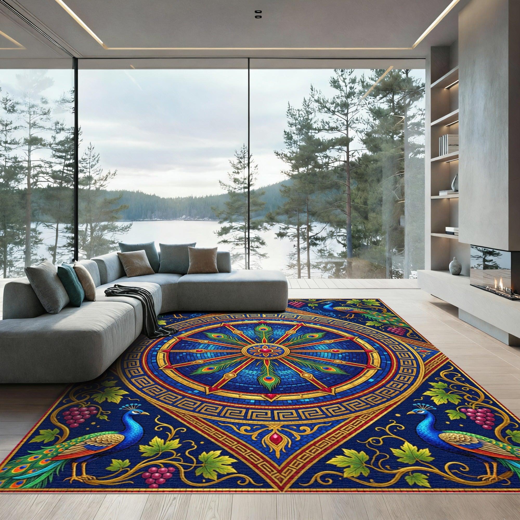 Peacock Medallion Mosaic Royal Blue Gold Rug