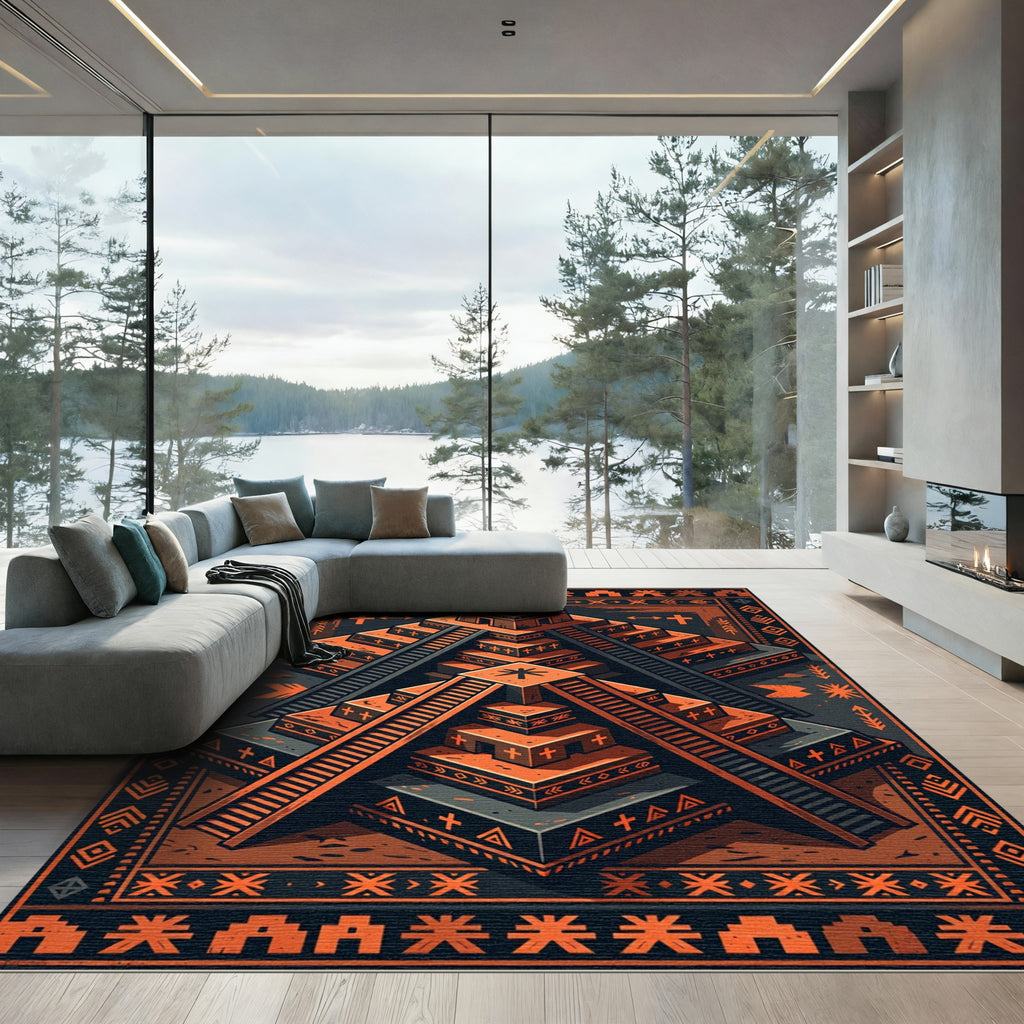 Geometric Aztec Terracotta Step Pyramid Art Rug