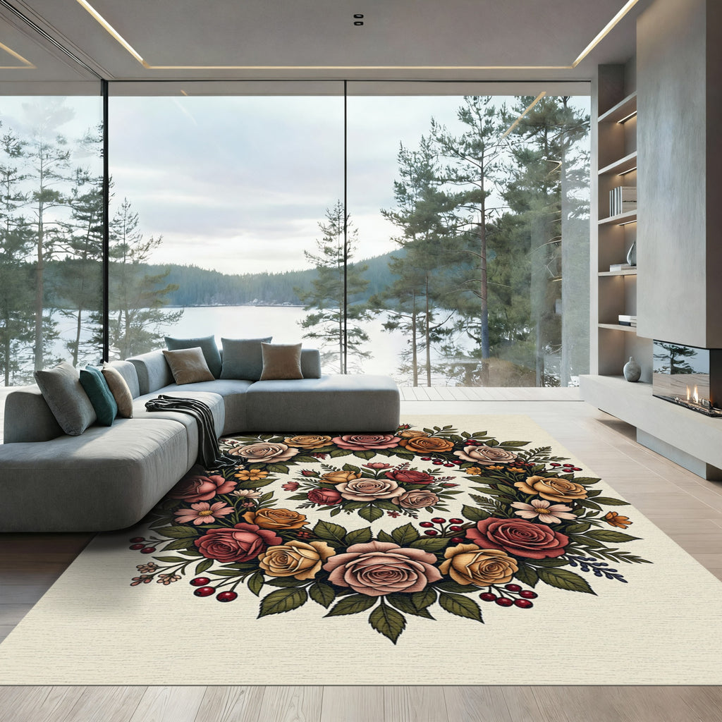 Romantic Rose Wreath Botanical Arrangement Rug