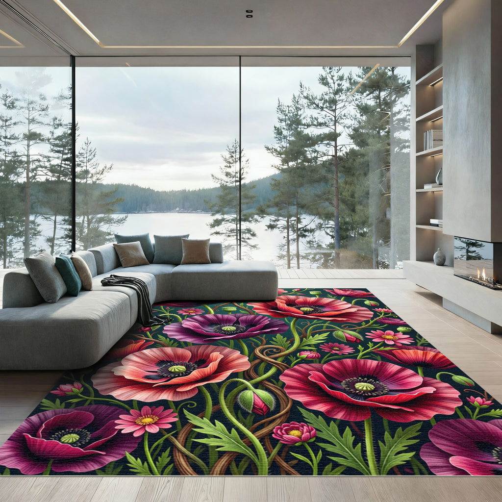Vibrant Painted Poppy Floral Garden Rug