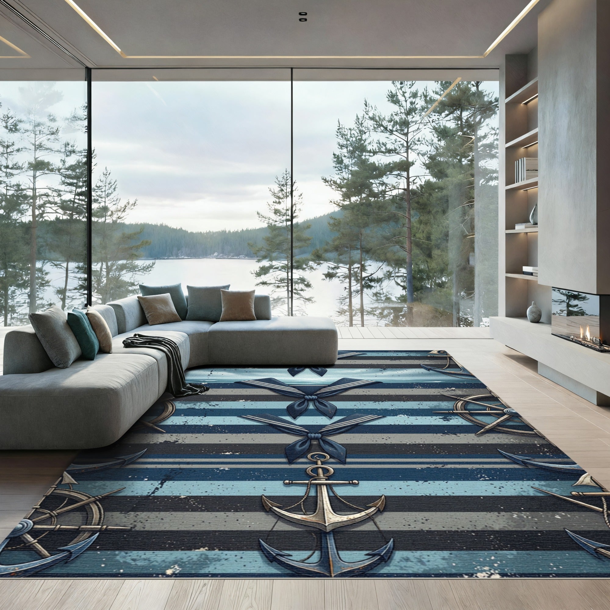 Nautical Anchor Sailor Blue Stripe Rug