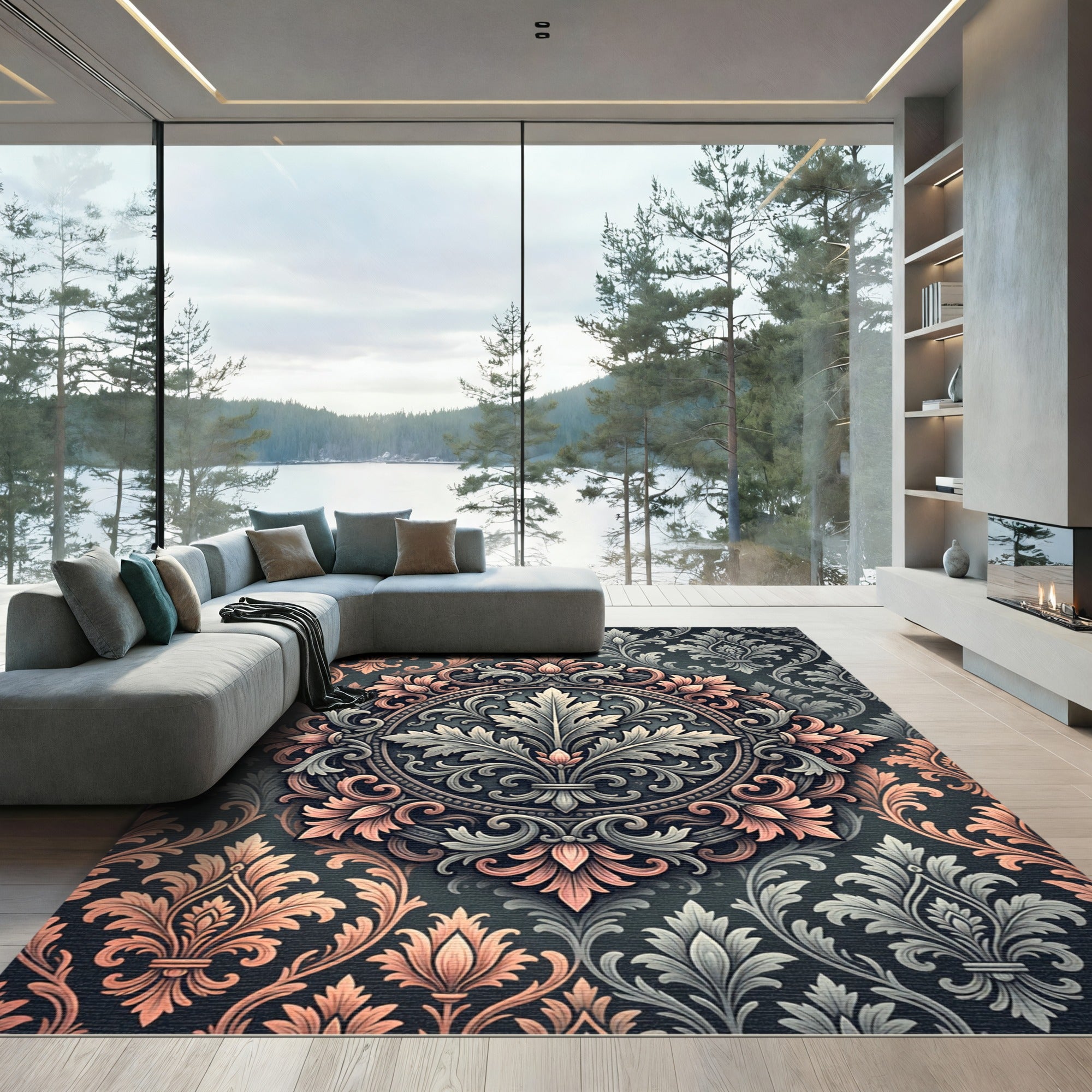 Ornate Floral Damask Coral Gray Rug