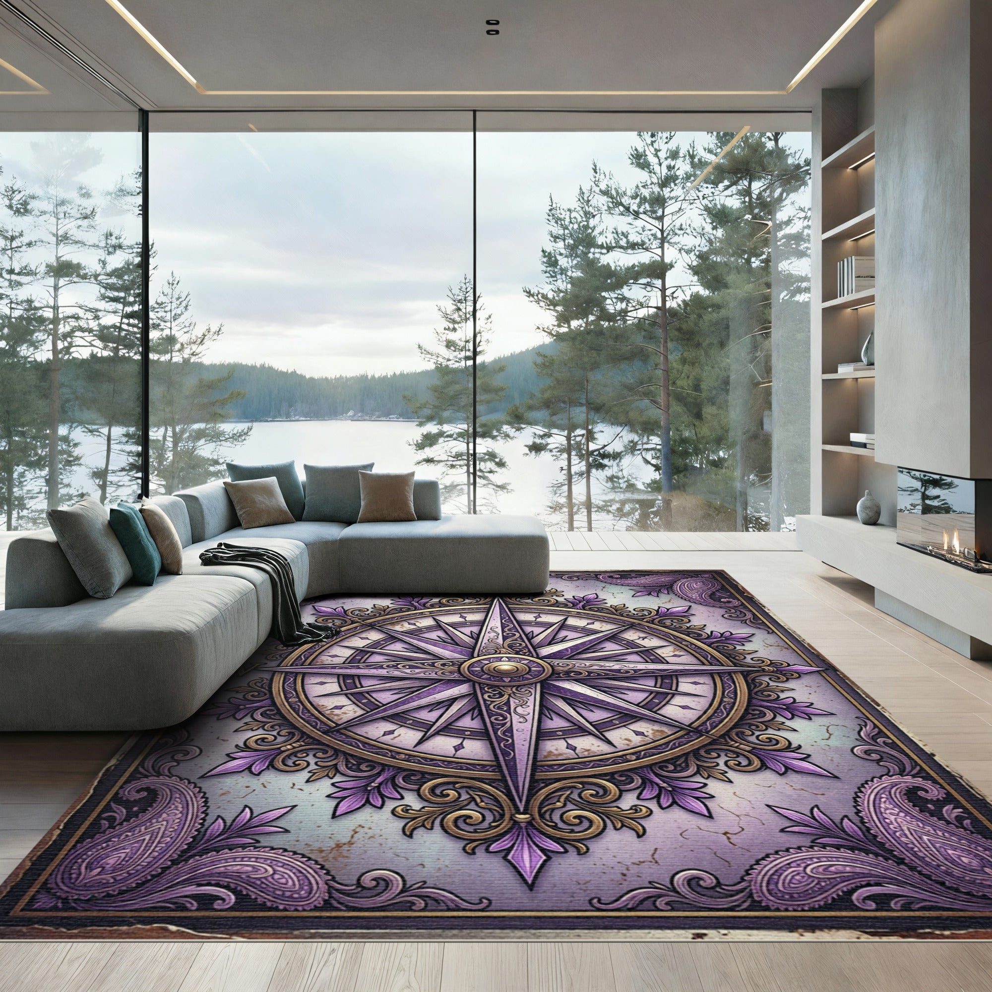 Ornate Lavender Compass Floral Medallion Rug