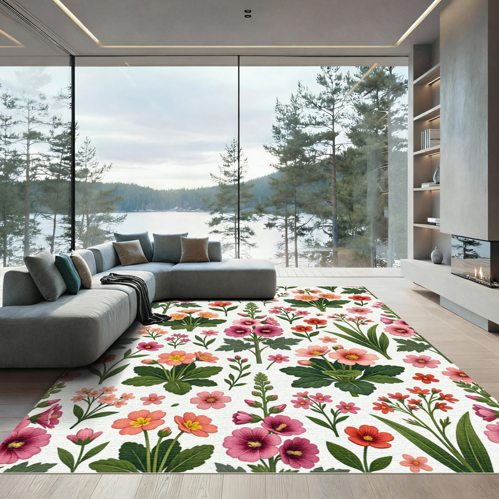 Coral Pink Floral Garden Assemblage Rug