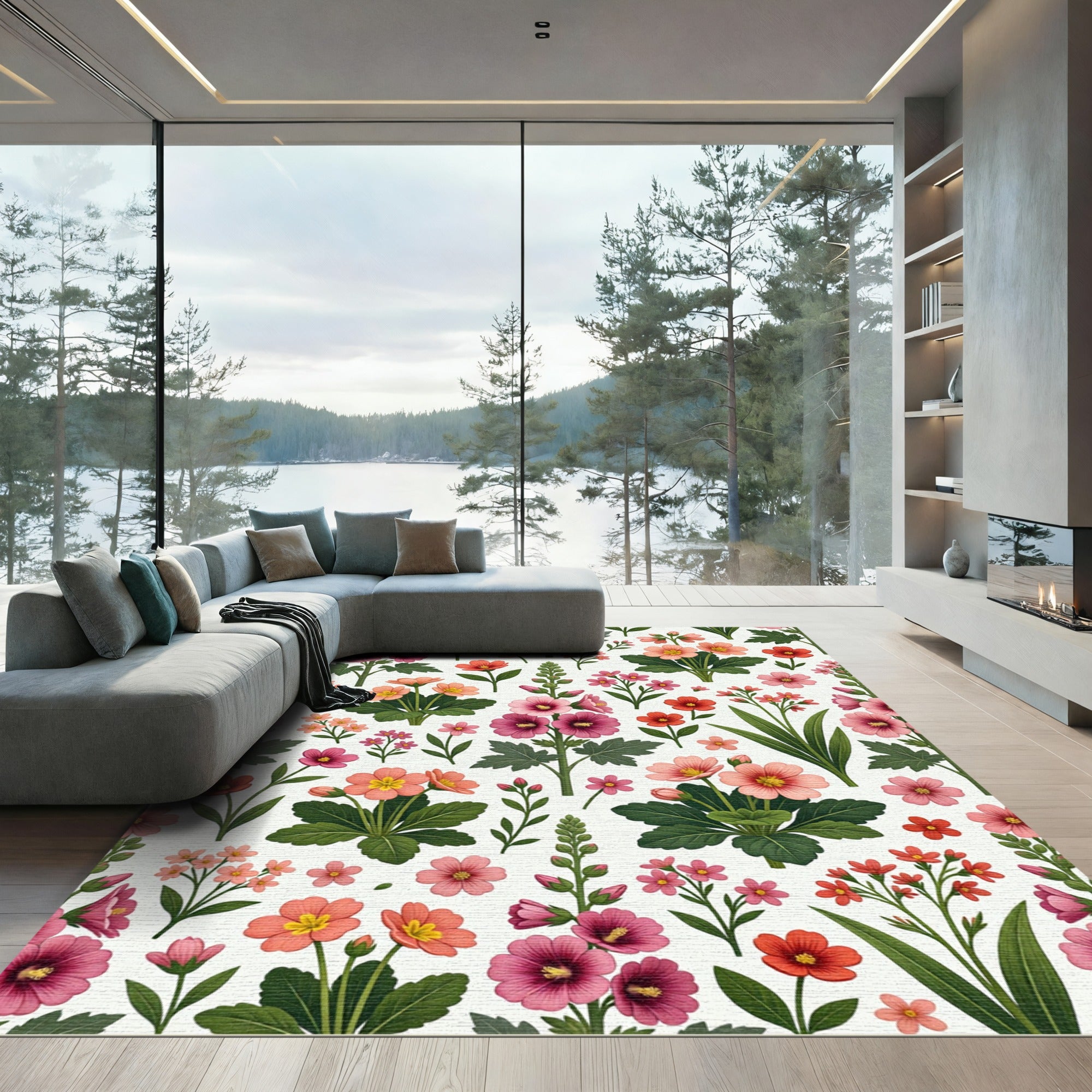 Coral Pink Floral Garden Assemblage Rug