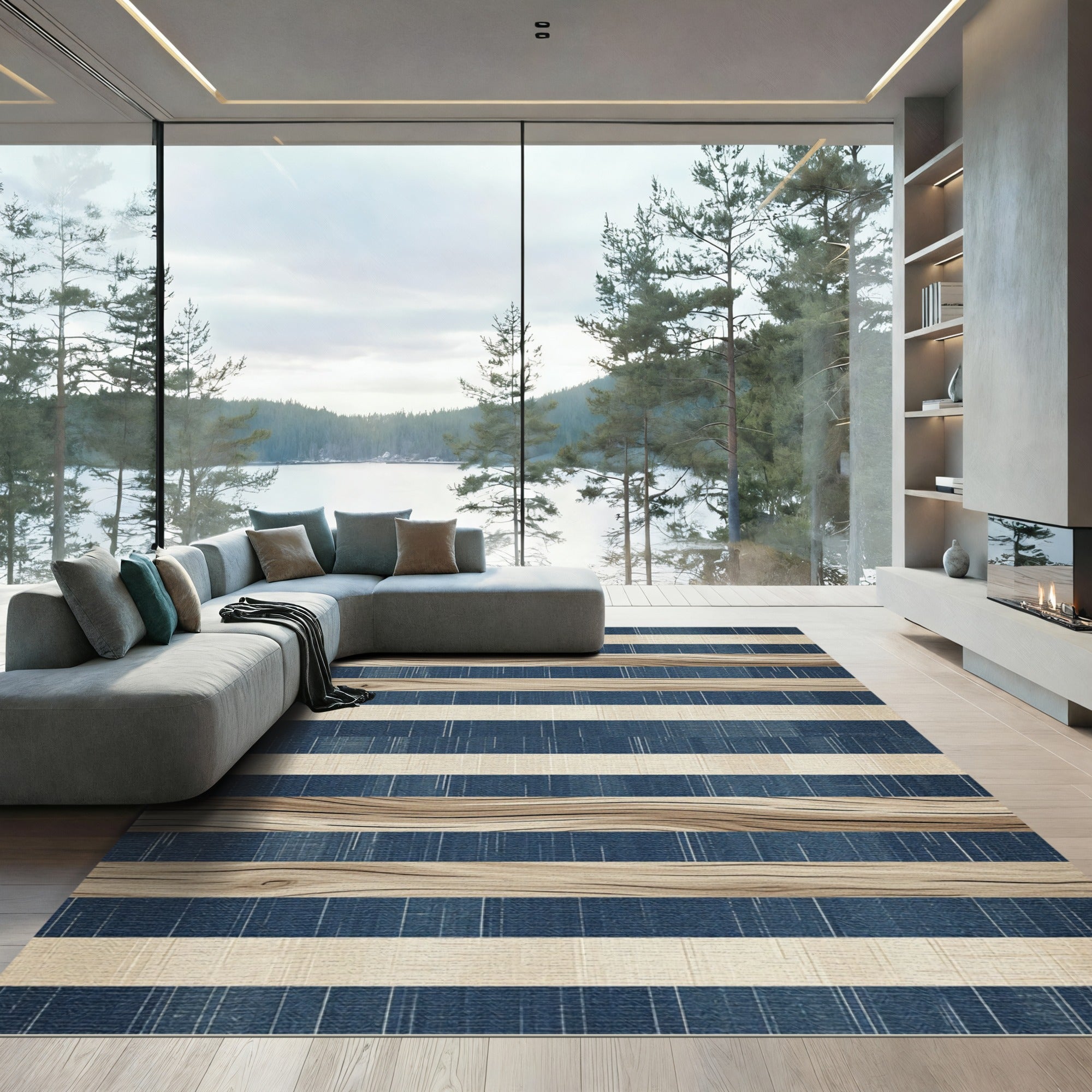 Textured Indigo and Wood Grain Stripe Rug