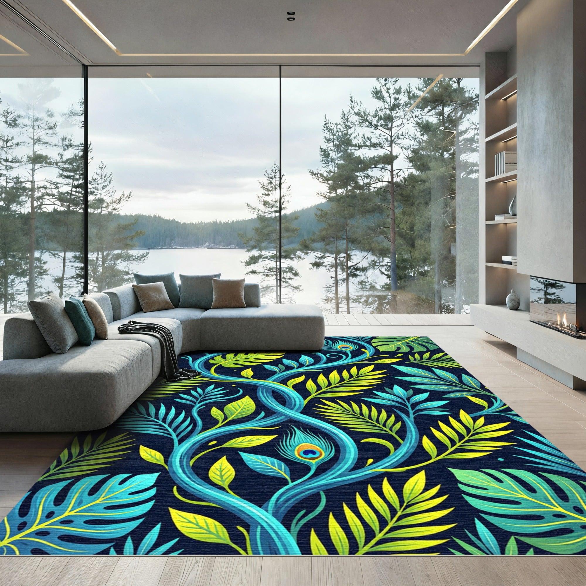 Tropical Peacock Leaf Vine Botanical Rug