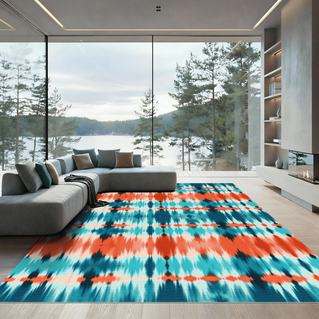 Deep Teal Coral Tie Dye Stripes Rug