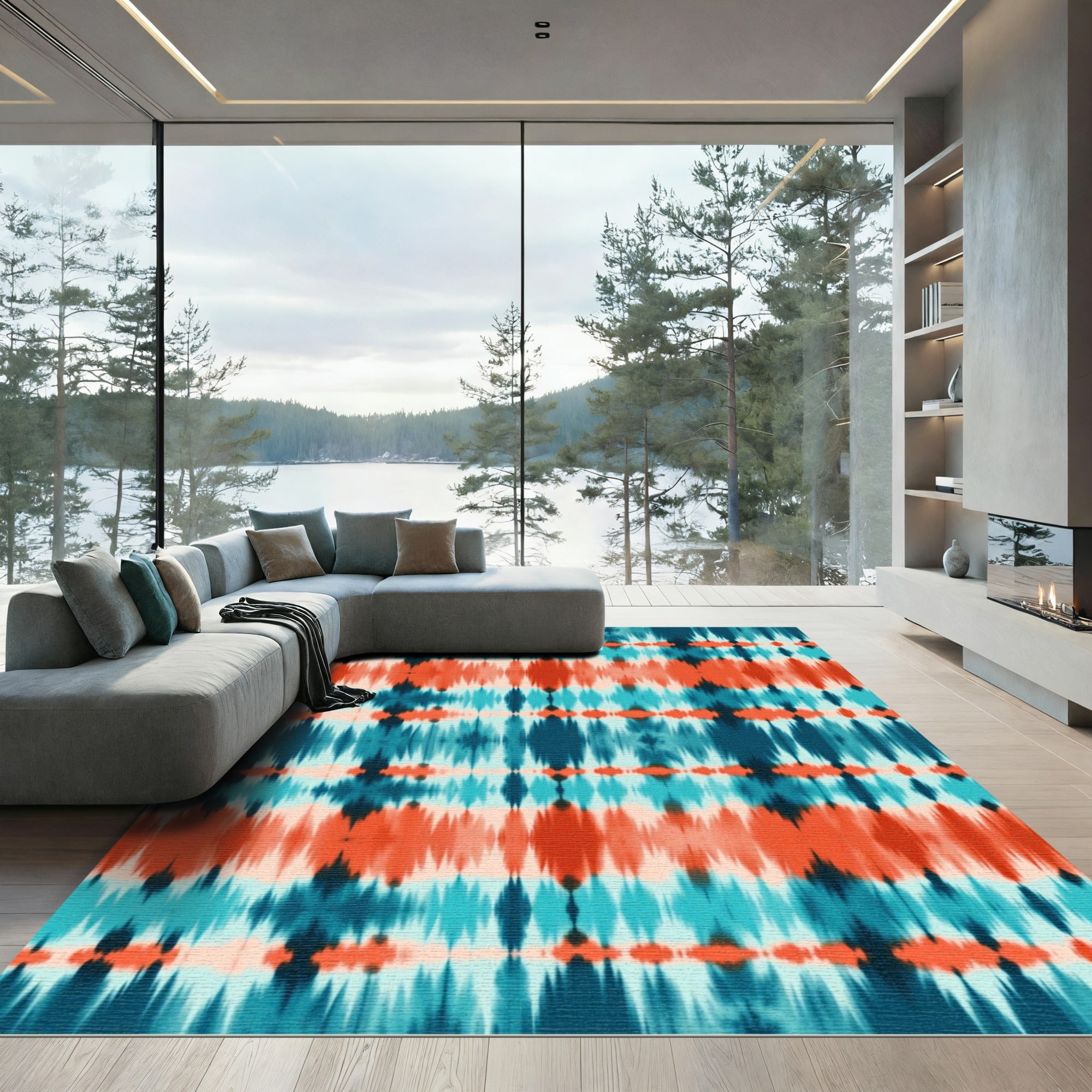 Deep Teal Coral Tie Dye Stripes Rug