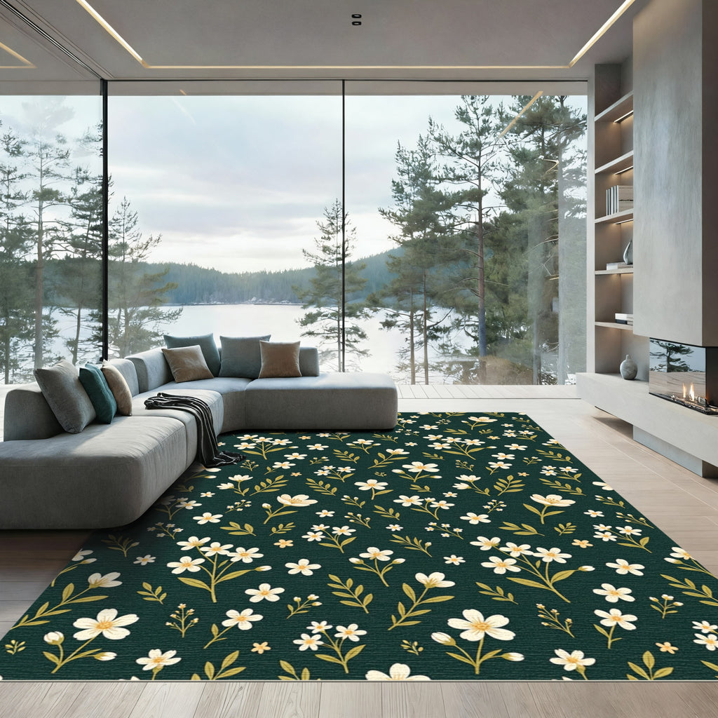 Dark Green Delicate White Wildflower Meadow Rug