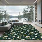 Dark Green Delicate White Wildflower Meadow Rug