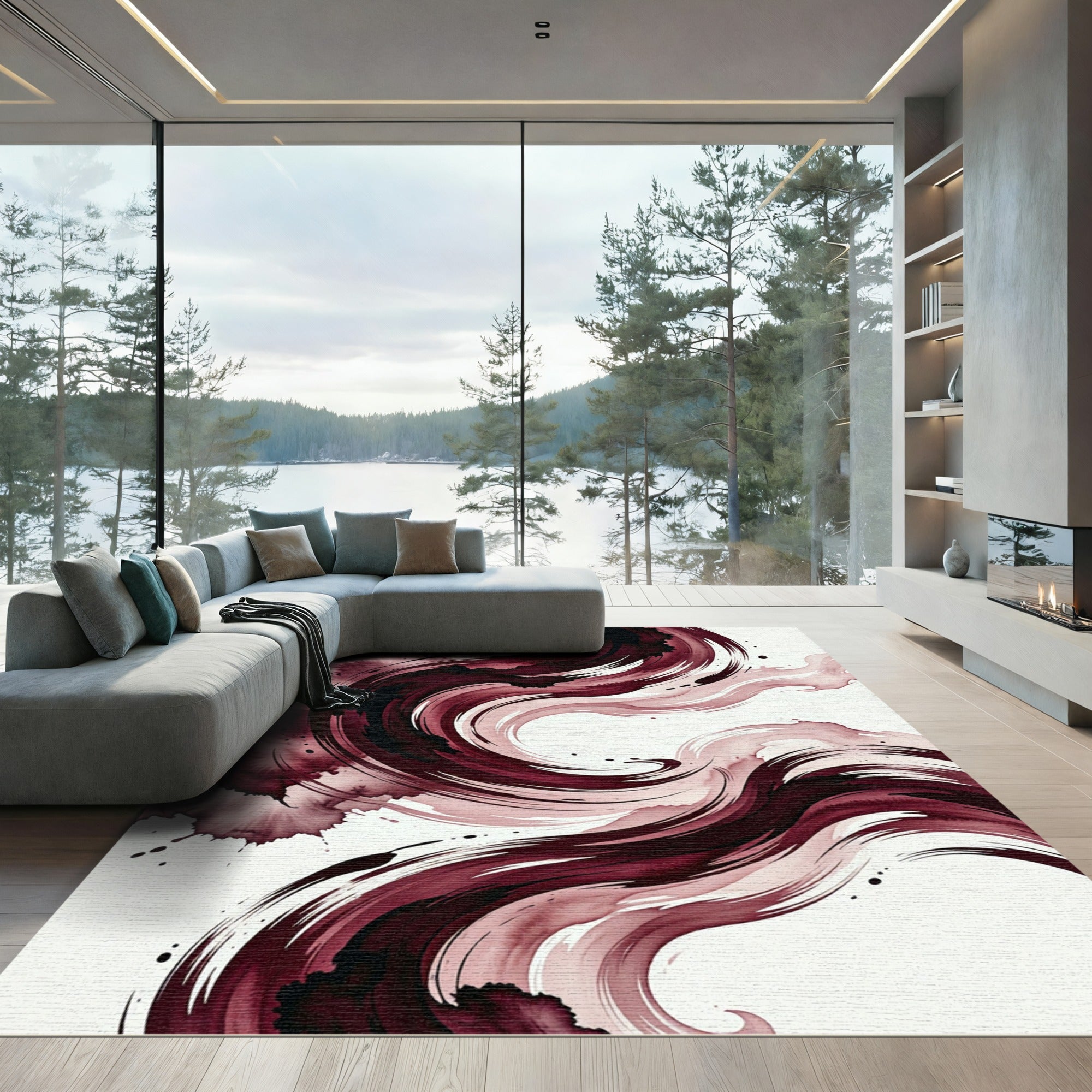 Burgundy Fluid Abstract Ink Swirl Rug
