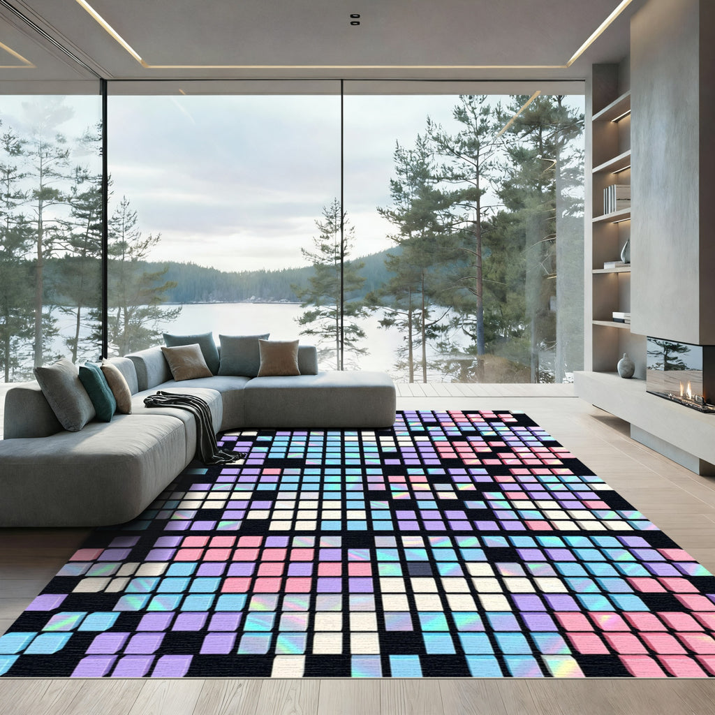 Iridescent Pastel Pixel Grid Abstract Rug