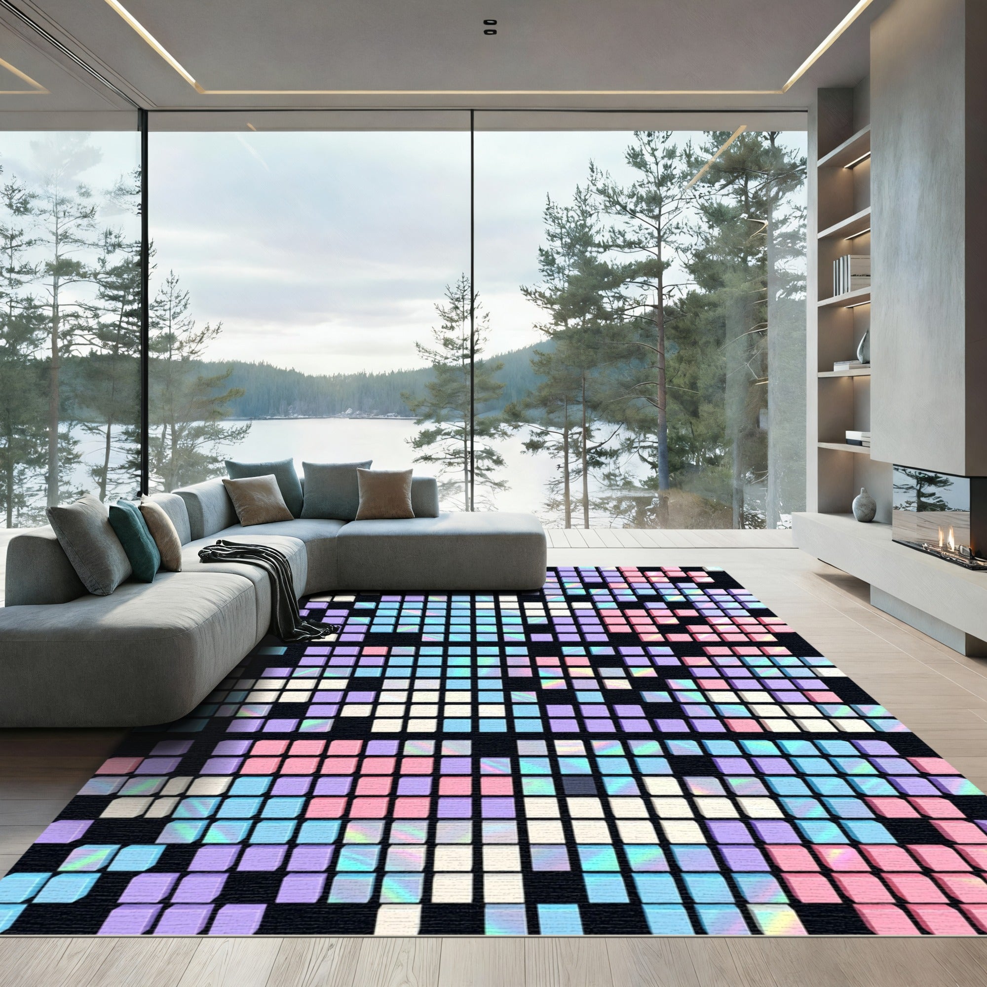 Iridescent Pastel Pixel Grid Abstract Rug