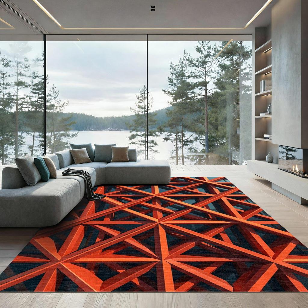 Bold Tangerine Geometric Lattice Grid Rug