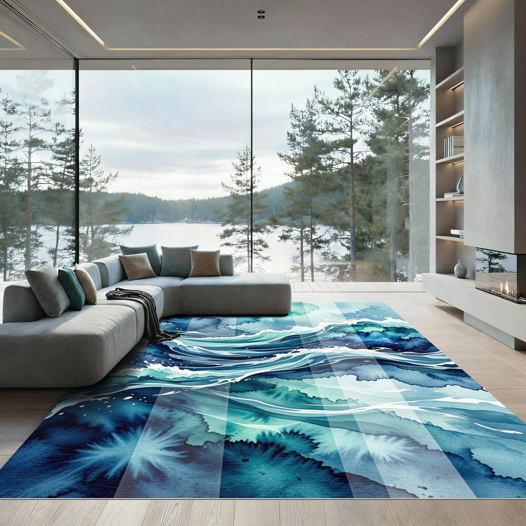 Deep Blue Watercolor Ocean Waves Rug
